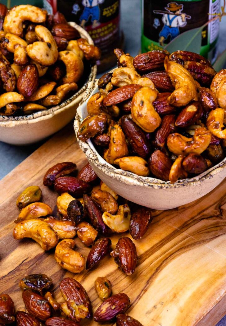 Bowl of Sweet And Spicy Roasted Nuts for snacking