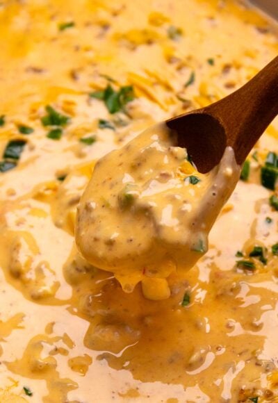Wooden spoon with Crock Pot Queso Beef Dip.