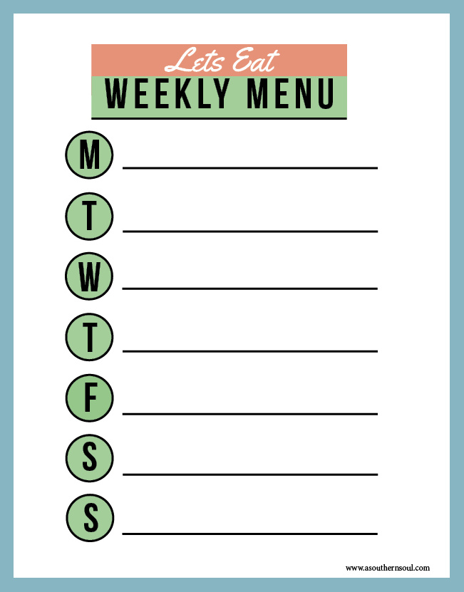 Let's Eat Weekly Menu to download and print for use at meal planning.