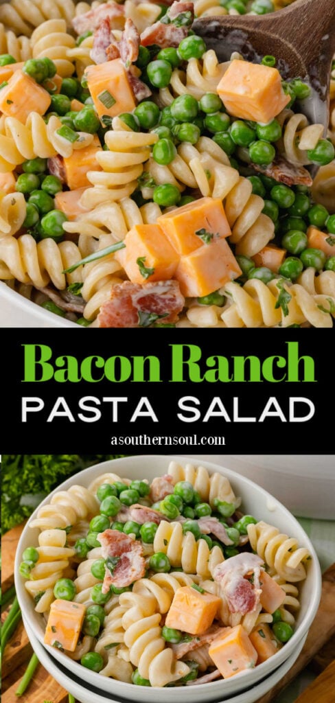 Two images of bacon ranch pasta salad for Pinterest.