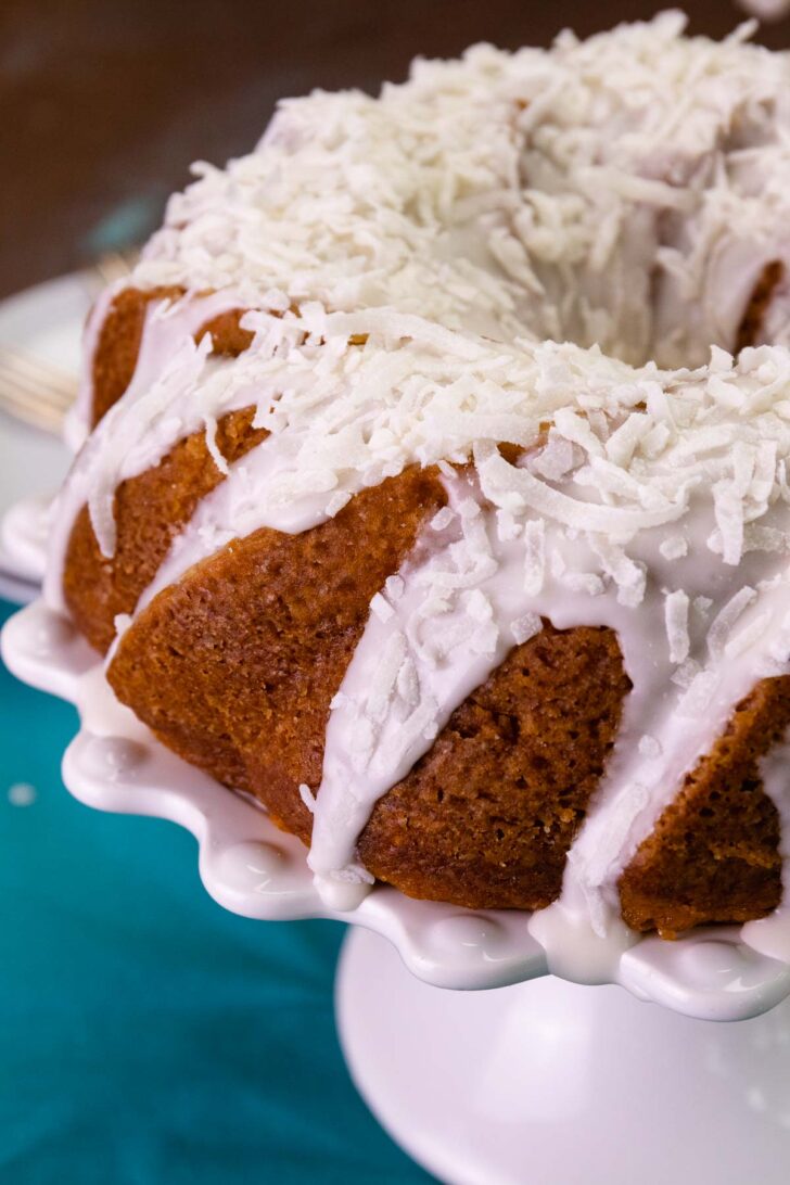 Pina Colada Bundt Cake made with pineapple and coconut that starts with a boxed cake mix.