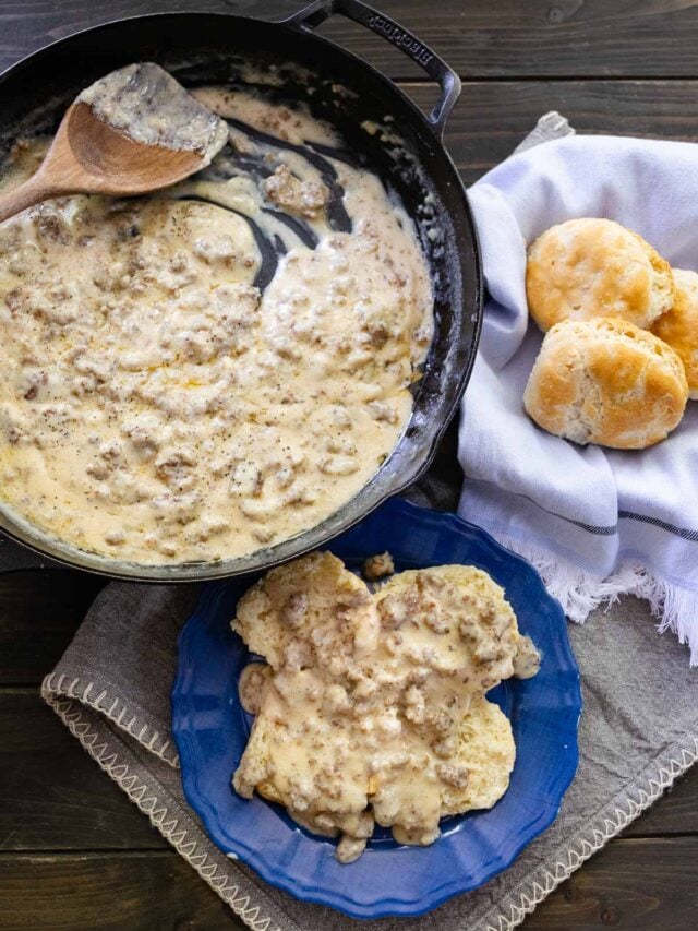 Homemade Sausage Gravy served over biscuits is made in just 20 minutes and delicious for breakfast or dinner.