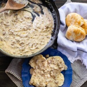 Homemade Sausage Gravy served over hot biscuits is a breakfast made in heaven. Made with only 3 ingredients, this classic recipe is delicious, filling, and a time-honored tradition.