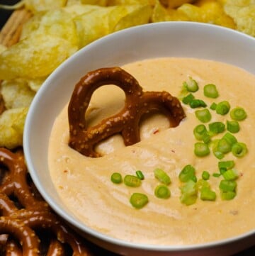 Large white bowl with Beer Cheese Dip topped with green onions served with sausage and pretzels.