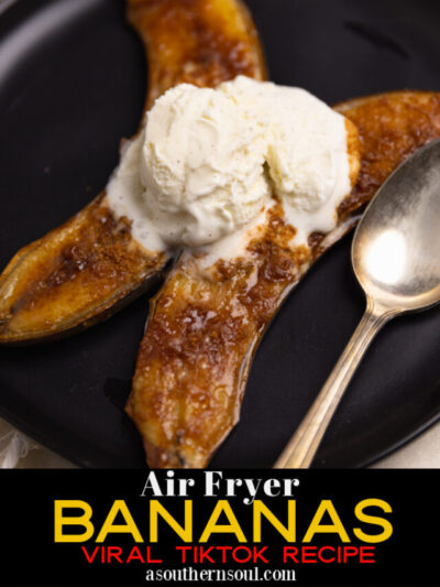 Two images of Air Fryer Bananas served with ice cream for Pinterest.
