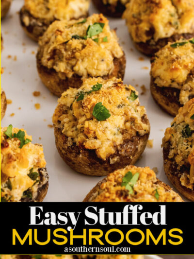 Baked mushrooms stuffed with breadcrumbs, cream cheese, parmesan cheese, garlic and herbs are the perfect finger food for any party.