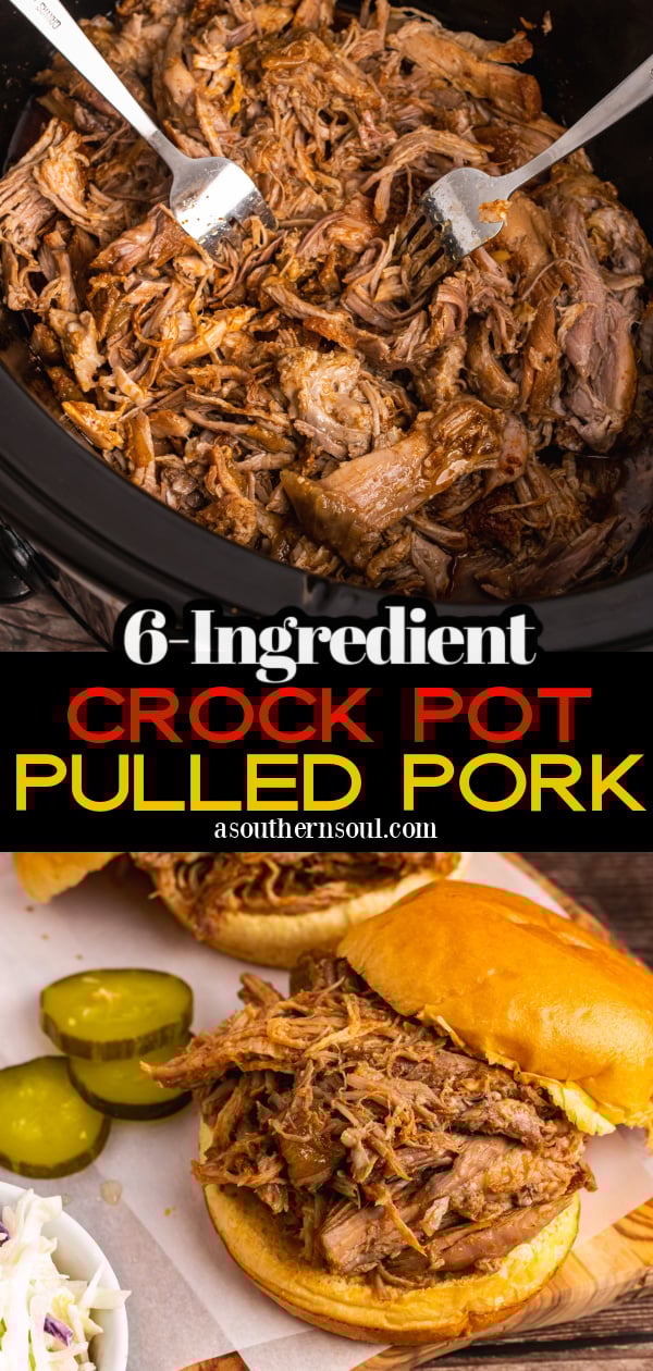 Pulled Pork piled on a round bun on a wooden cutting board served with sliced pickles and coleslaw.