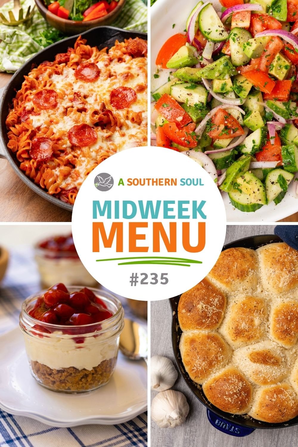 midweek menu 235 with pizza pasta casserole, tomato avocado salad, cherry delight and skillet rolls.