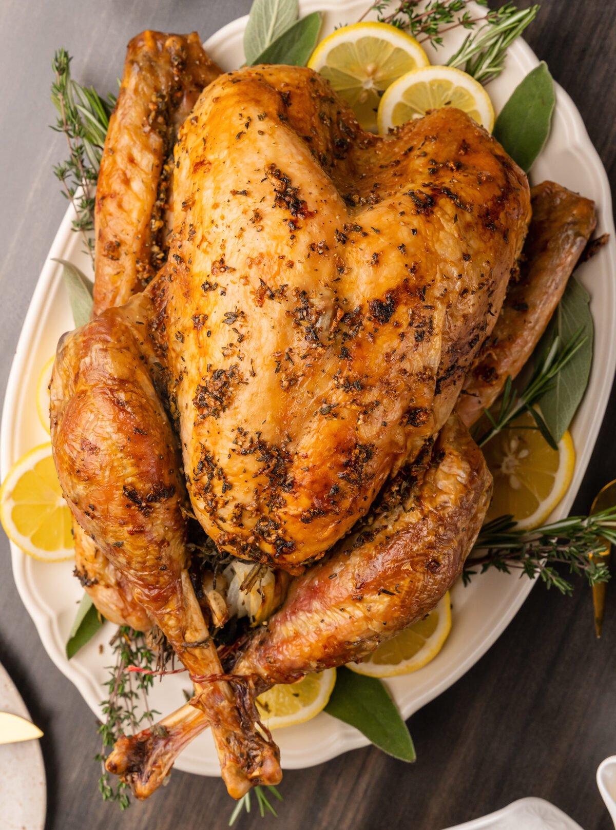 Whole roasted turkey on a white platter with fresh sage, thyme, and rosemary sprigs and lemon slices.