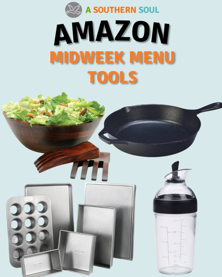 Midweek menu tools. Salad serving dish with tossing tongs, cast iron skillet, salad dressing spout and a baking dish sit.