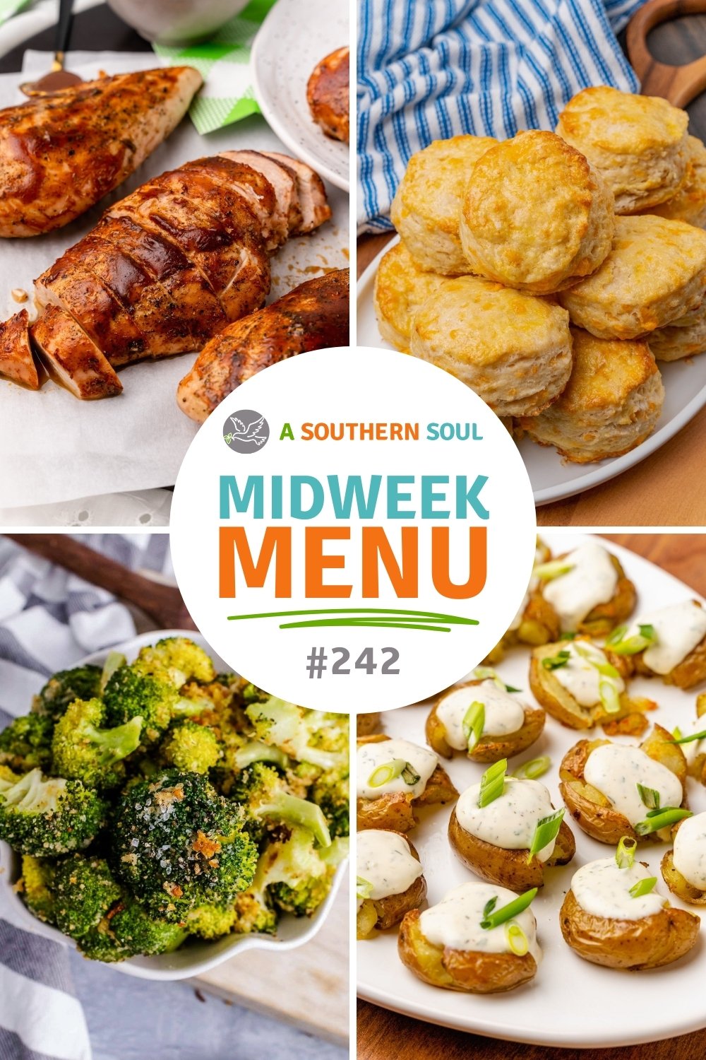 Midweek menu 242 menu shots. BBQ chicken, biscuits oven roasted broccoli and crushed potatoes.