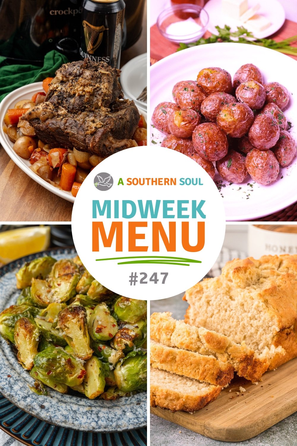 Crock pot beef roast with 3 additional recipes for Midweek Menu.