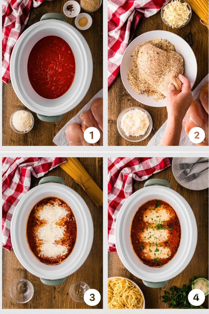 Four-step process collage for slow cooker Chicken Parmesan — pouring marinara sauce into a white Crock Pot, hand-breading chicken breasts in seasoned bread crumbs, layering the breaded chicken topped with shredded mozzarella over the sauce, and the finished cheesy chicken garnished with fresh parsley beside a bowl of spaghetti