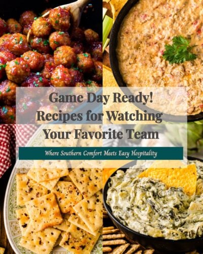 Game day snacks collage with meatballs, dip, crackers, and spinach dip.