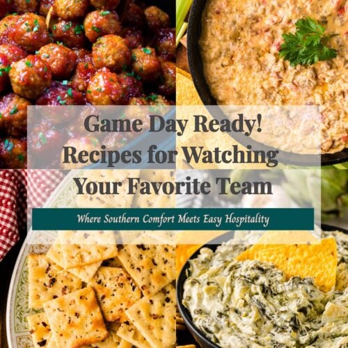 Game day snacks collage with meatballs, dip, crackers, and spinach dip.