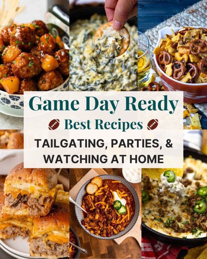 A grid of 6 football party food photos with a text overlay