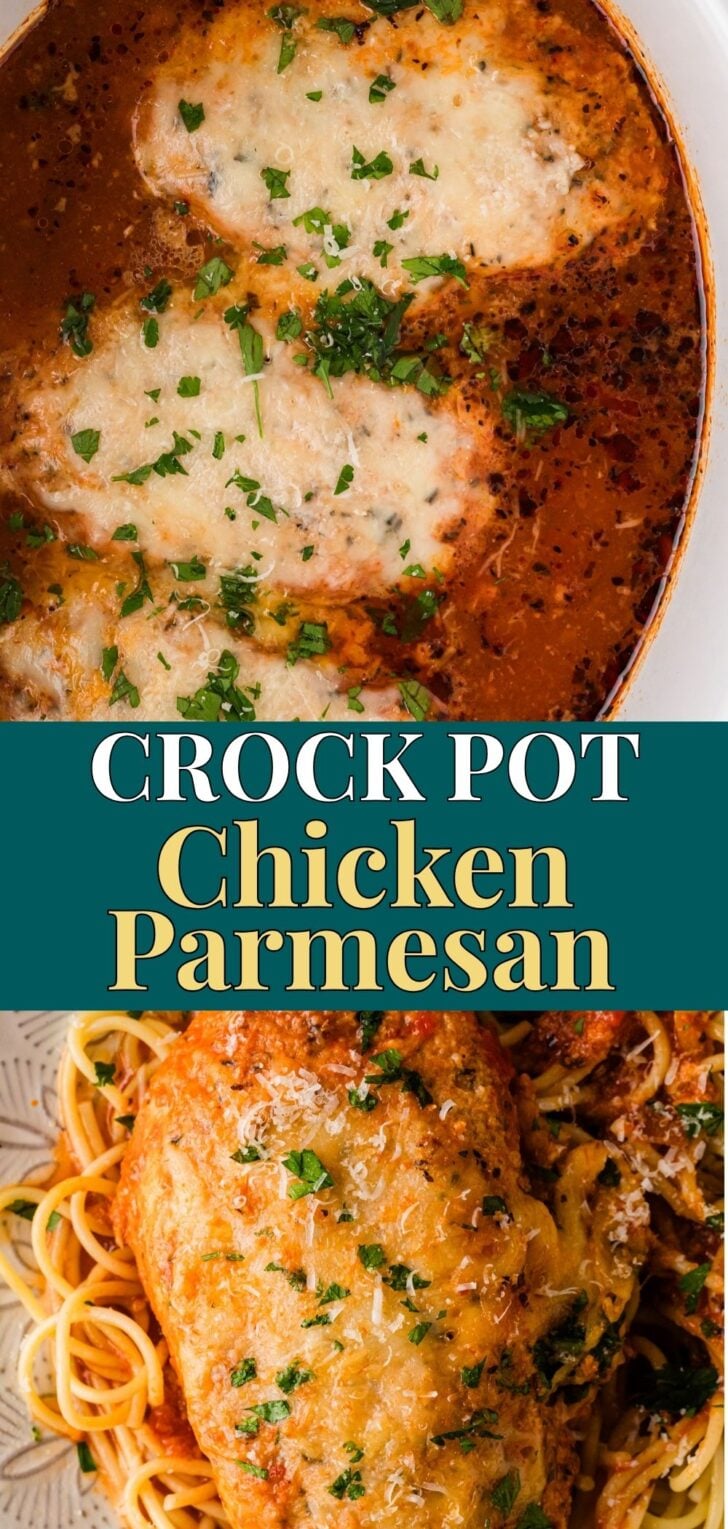 Crock Pot Chicken Parmesan in ceramic dish with melted cheese and fresh parsley garnish, Pinterest pin