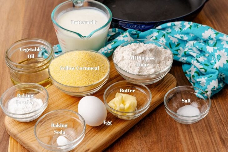 Ingredients for classic Southern buttermilk cornbread in glass bowls and containers.
