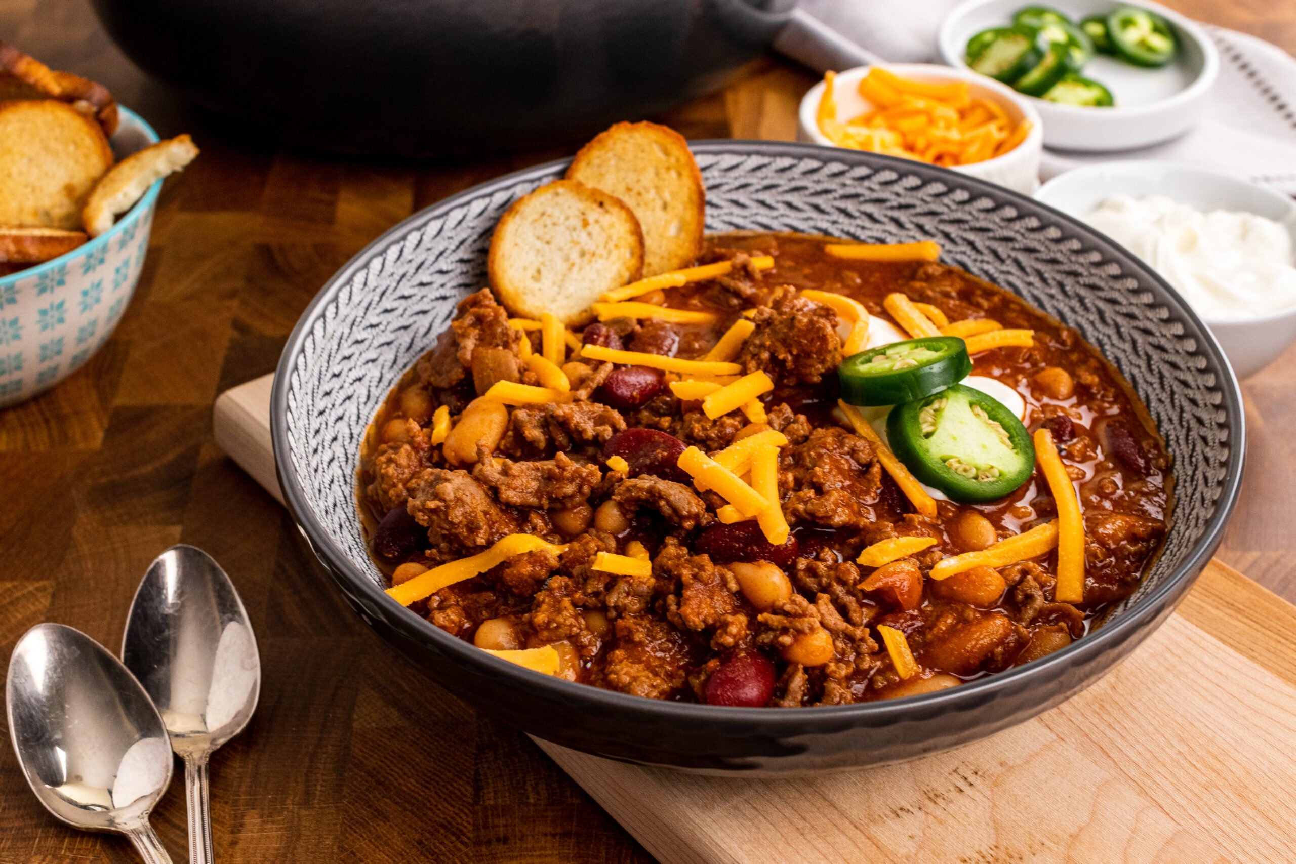 Bowl of bloody Mary chilis served as a pantry meal that's easy and delicious.