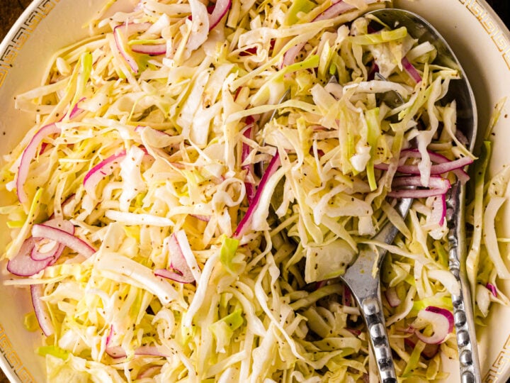 Southern Vinegar Slaw served on a decorative plate with pink radishes, cabbage, and serving utensils on a dark wood table