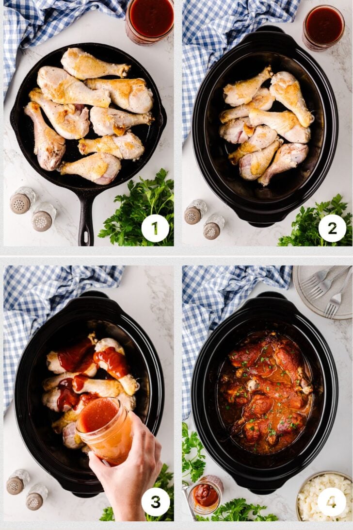 Four-step photo collage showing how to make Crock Pot chicken legs:

Chicken legs searing in a black skillet

Chicken legs transferred into a slow cooker

BBQ sauce being poured over the chicken

Cooked chicken legs in a rich BBQ sauce inside the Crock Pot, garnished with herbs