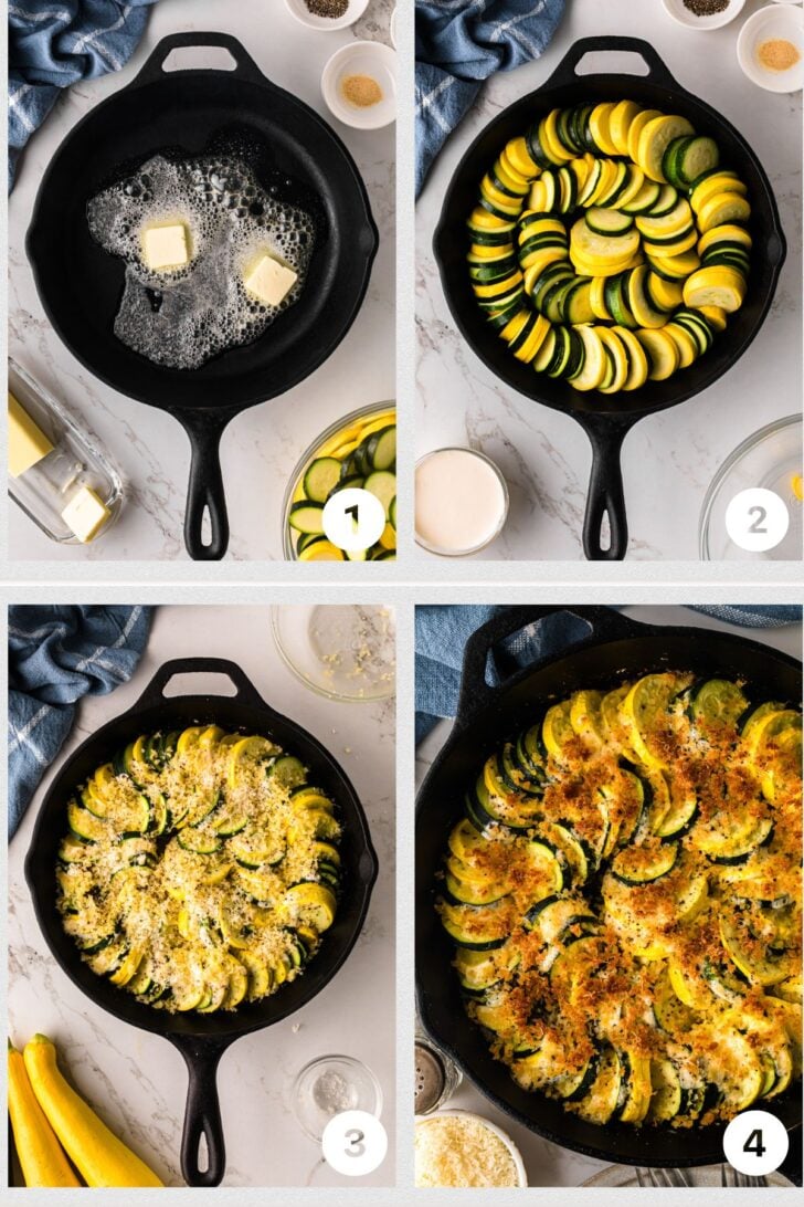 Four-step collage showing how to make zucchini and yellow squash casserole in a cast iron skillet. Step 1: Melting butter. Step 2: Arranging sliced squash and zucchini in a spiral pattern. Step 3: Topping with cheese and breadcrumbs. Step 4: Fully baked casserole with a golden, crispy topping.