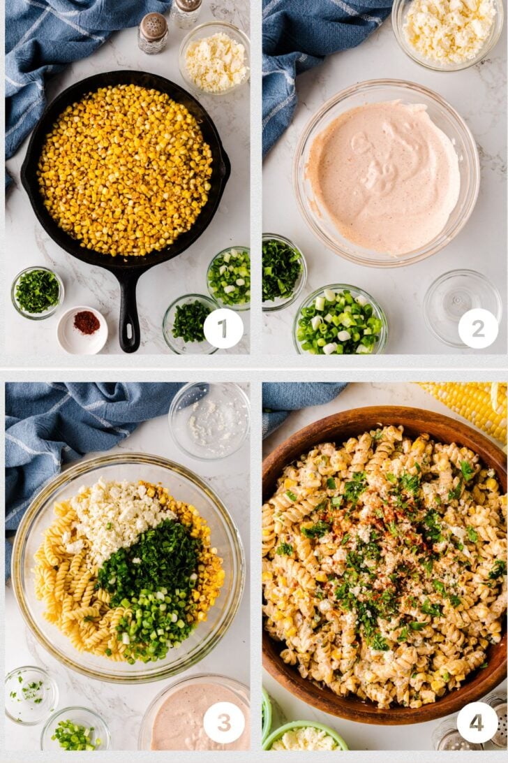 Four-image collage showing steps to make Street Corn Pasta Salad:

Charred corn in a cast iron skillet surrounded by spices and chopped herbs.

Creamy dressing mixture in a bowl with surrounding small bowls of green onions, jalapeños, and cilantro.

Pasta in a large mixing bowl with feta cheese, chopped herbs, corn, and onions.

Final pasta salad fully mixed and garnished with fresh herbs and spices in a wooden serving bowl.