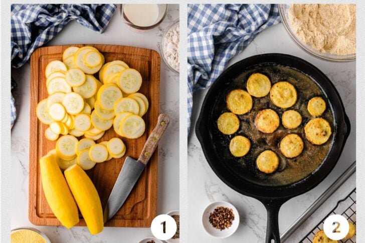 Two-step photo collage showing how to make fried squash. Step 1: Fresh yellow squash sliced on a wooden cutting board with a knife and bowls of ingredients nearby. Step 2: Sliced squash rounds frying in hot oil in a black cast iron skillet, with seasonings and batter bowls around.