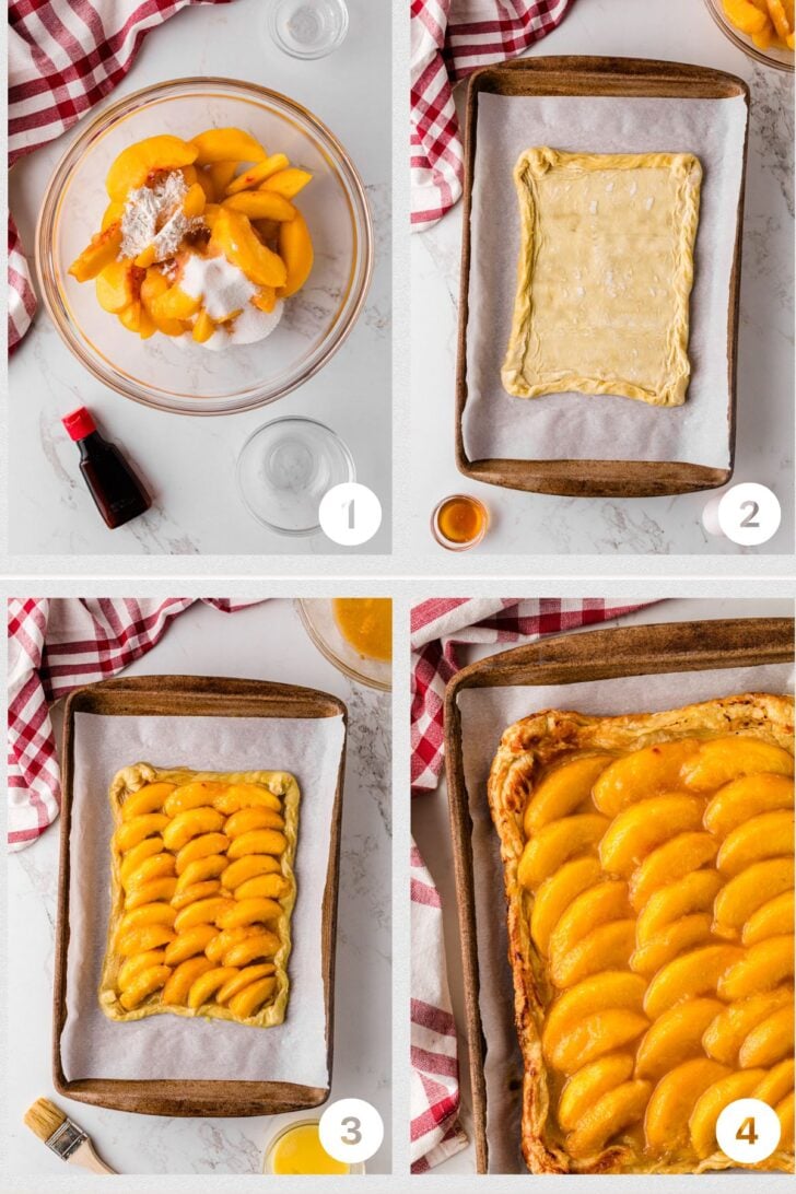 Four-step photo collage showing how to make a peach tart.

Sliced peaches in a bowl with sugar, flour, and vanilla.

A puff pastry sheet is placed on a baking tray and folded around the edges.

Peaches are layered neatly over the pastry.

The baked tart is golden brown with glossy, caramelized peaches. A red checkered towel and pastry brush are visible throughout.