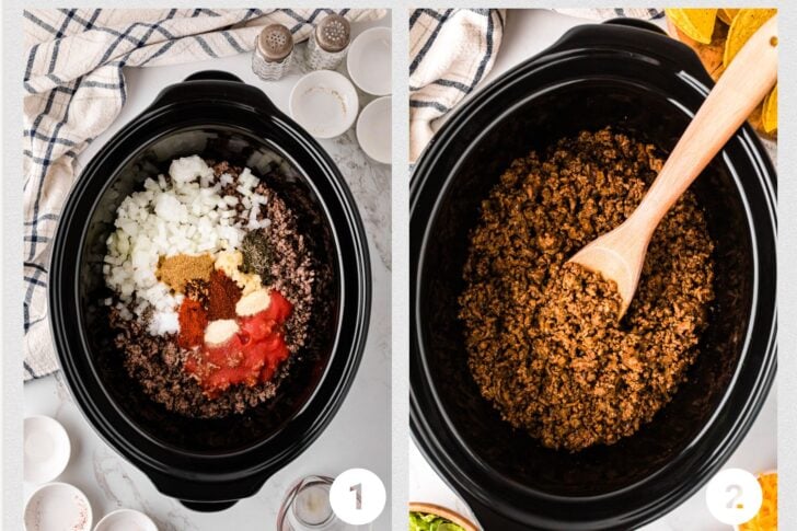 Two-step collage showing taco meat cooking in a slow cooker. Left image: raw ground beef topped with diced onions, tomato sauce, and assorted spices. Right image: cooked, seasoned taco meat stirred with a wooden spoon in the slow cooker.