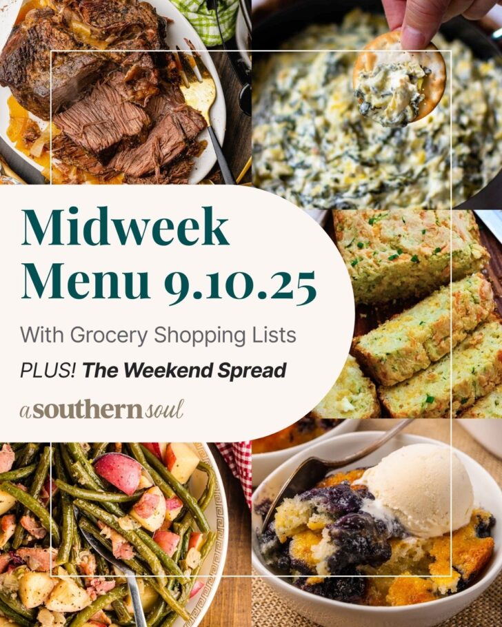 A photo grid of 5 photos for a midweek menu meal plan with a text overlay.