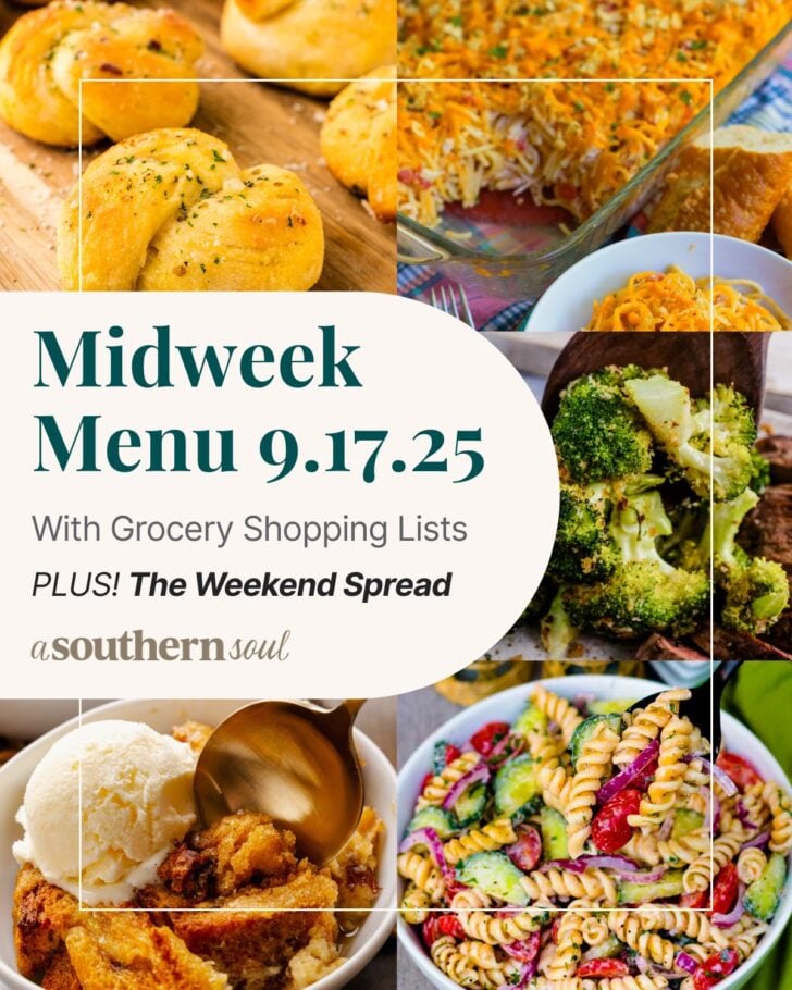 A photo grid of 5 photos for a midweek menu meal plan with a text overlay.