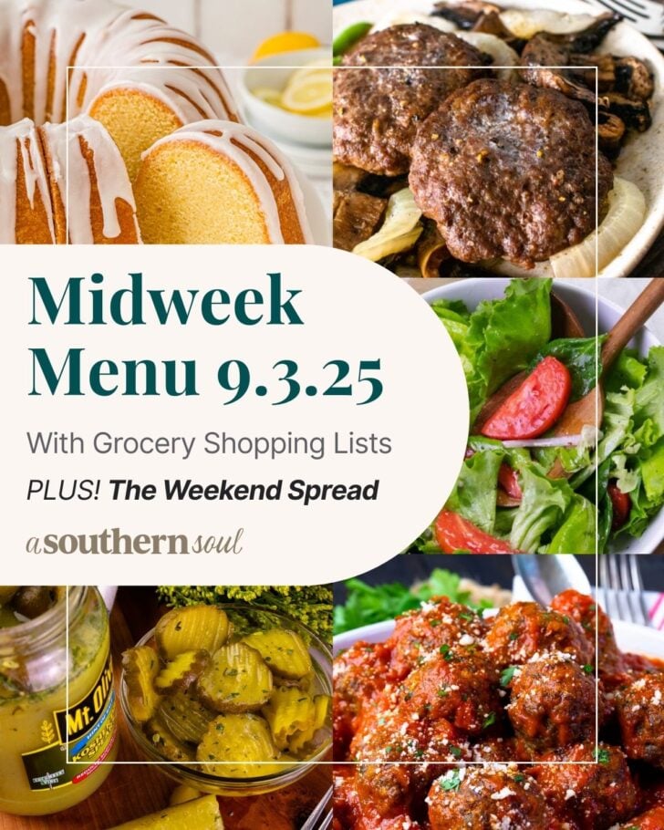 A photo grid of 5 photos for a midweek menu meal plan with a text overlay.