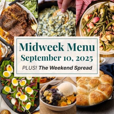 A grid of 6 food photos of a weekly meal plan with a text overlay