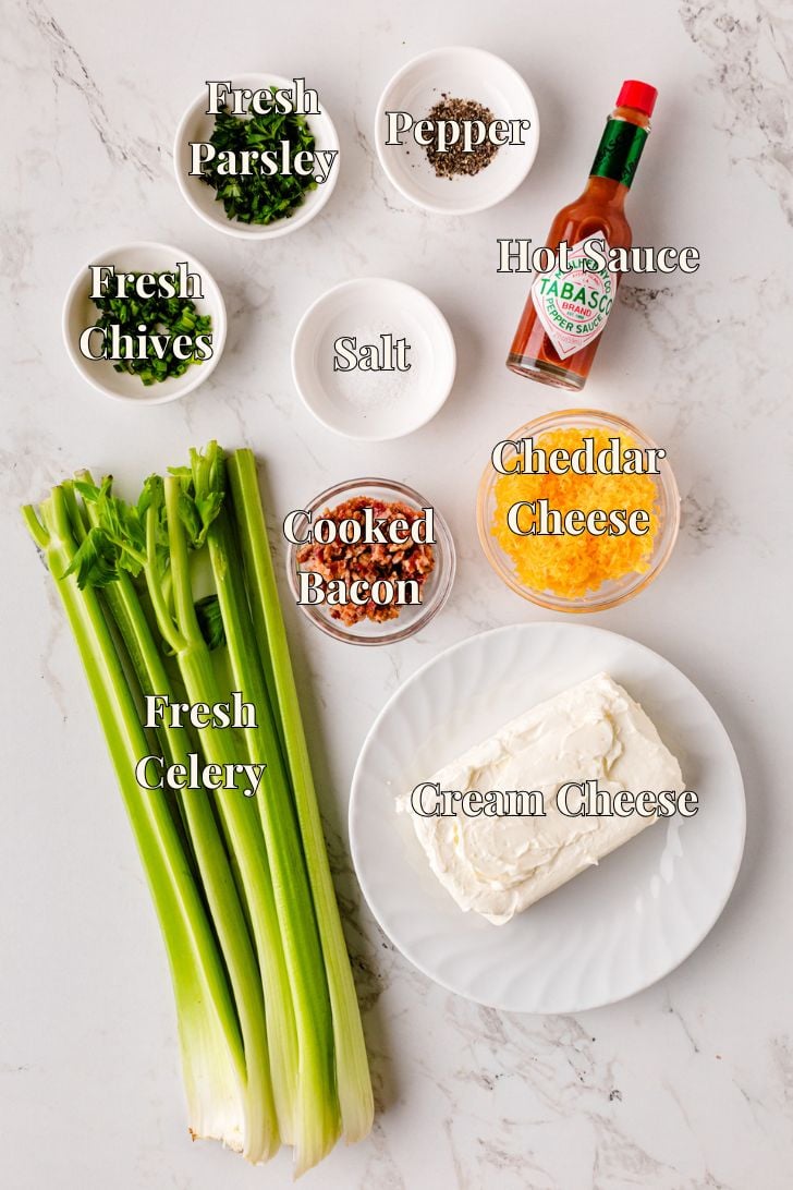 Two-step collage showing how to make stuffed celery. Left image: mixing bowl with cream cheese, shredded cheddar, chopped bacon, and herbs. Right image: fresh celery sticks laid out on a wooden board with small bowls of toppings on the side.