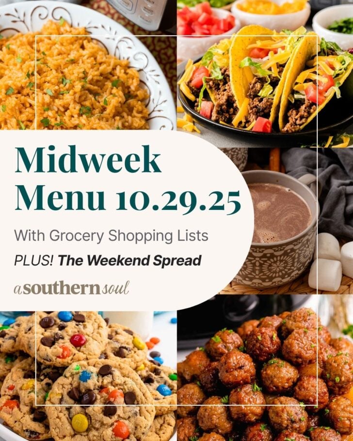 A photo grid of 5 photos for a midweek menu meal plan with a text overlay.
