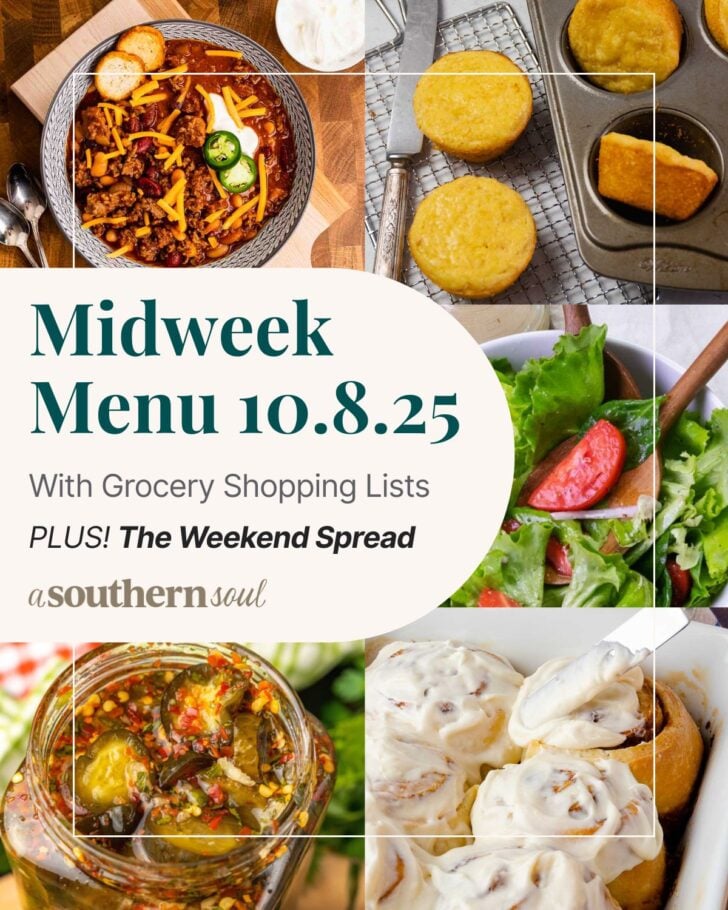 A photo grid of 5 photos for a midweek menu meal plan with a text overlay.