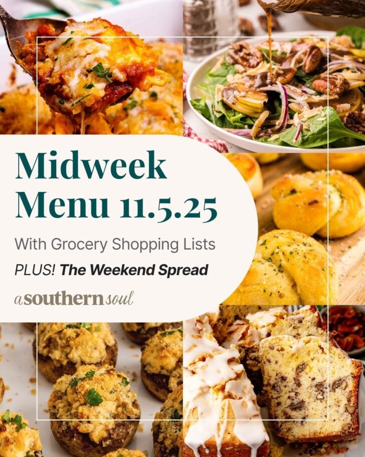 A photo grid of 5 photos for a midweek menu meal plan with a text overlay.