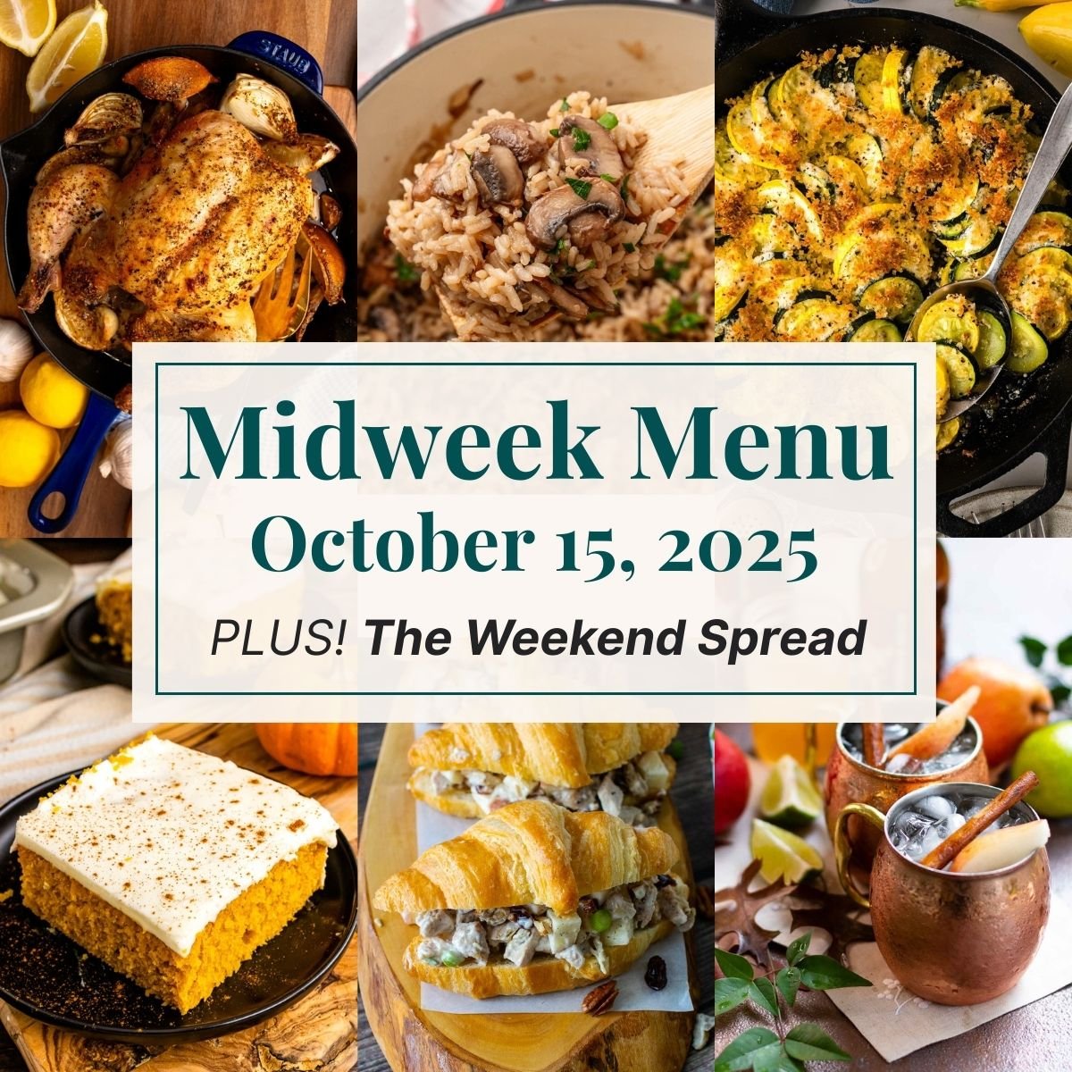 A grid of 6 midweek menu meal plan photos with a text overlay.