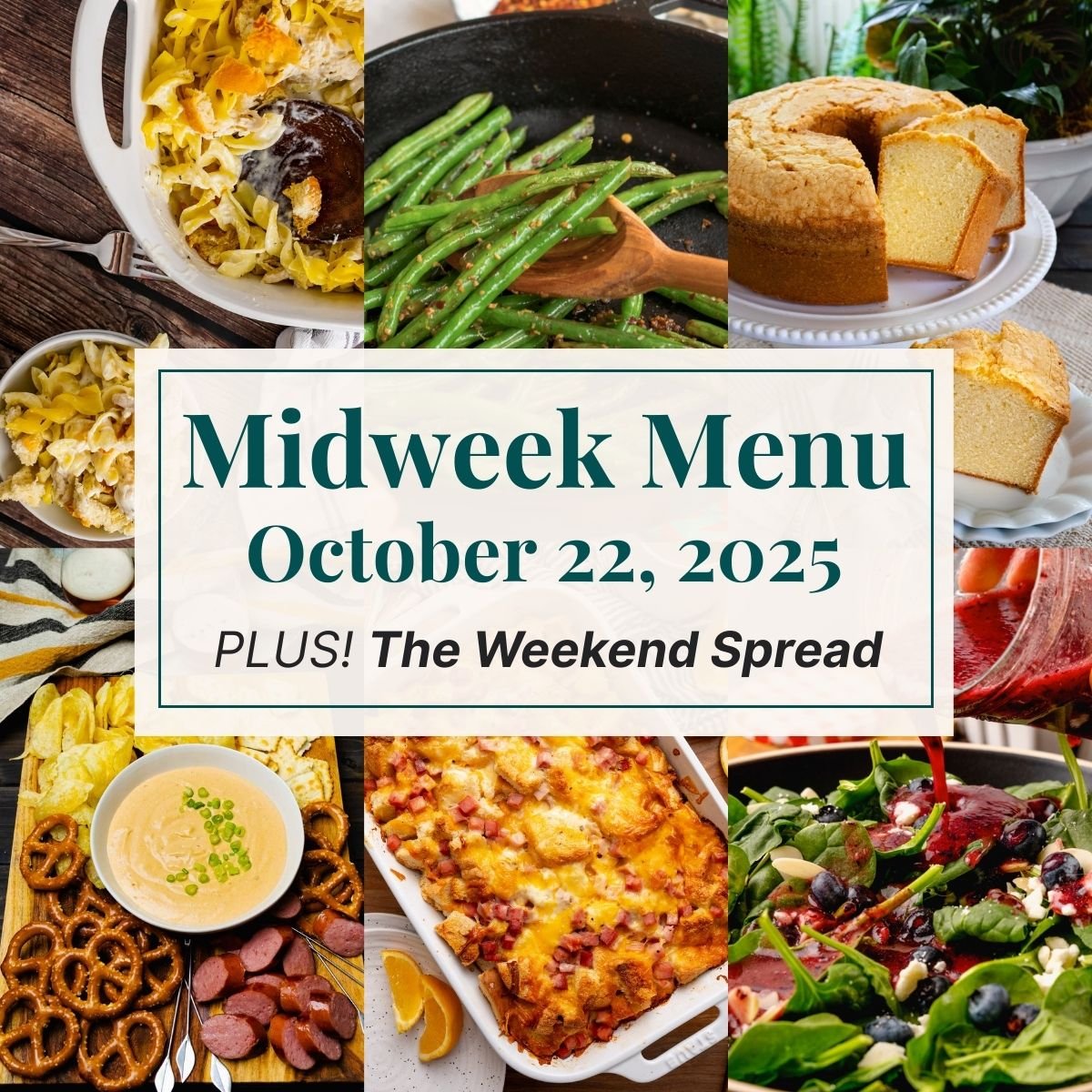 A grid of 6 midweek menu meal plan photos with a text overlay.