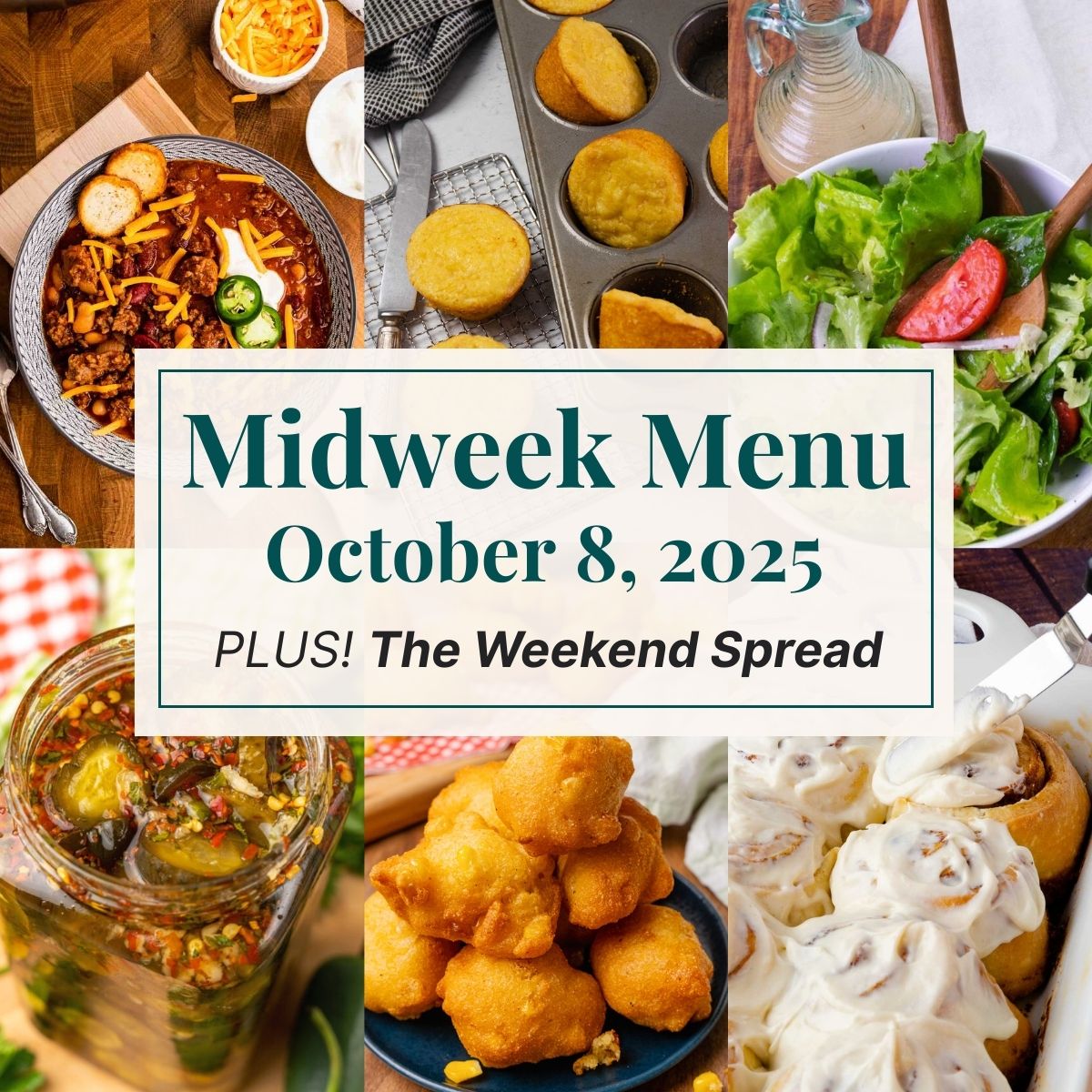 A grid of 6 midweek menu meal plan photos with a text overlay.