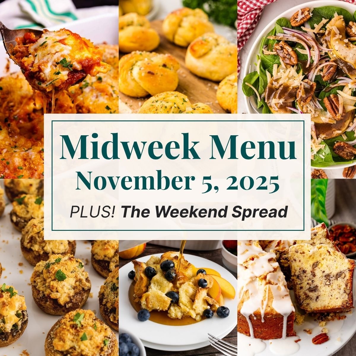 A grid of 6 midweek menu meal plan photos with a text overlay.
