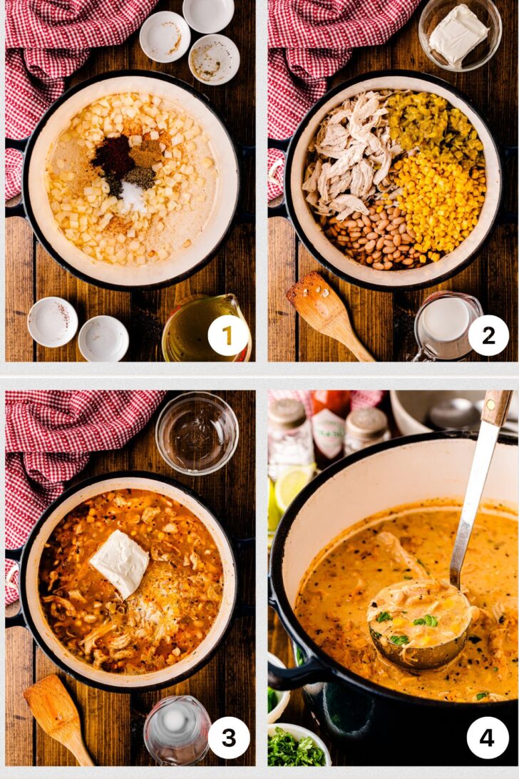 Step-by-step process of making white chicken chili in a large pot: Image 1 shows diced onions and spices in broth, Image 2 with shredded chicken, beans, corn, and green chiles added, Image 3 cream cheese melting into the simmering chili, and Image 4 finished creamy chili being ladled from the pot.