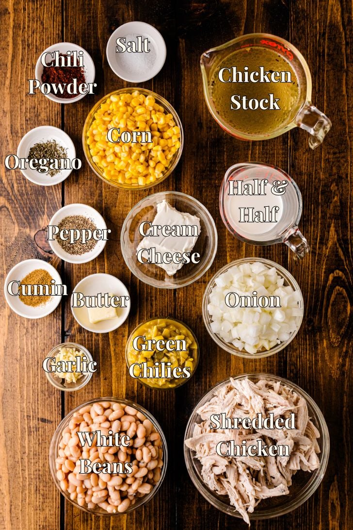 Step-by-step images of white chicken chili being cooked in a pot: adding onions and spices, mixing in chicken, beans, and corn, melting cream cheese, and finished chili in a ladle.