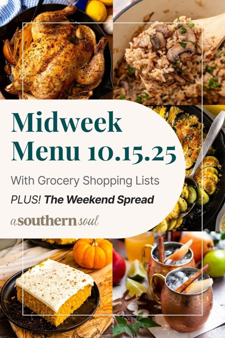 A photo grid of 5 photos for a midweek menu meal plan with a text overlay for pinterest.