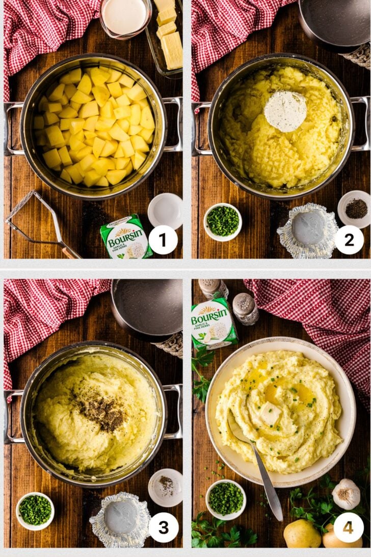 Process collage: 1) cubed Yukon Golds in a pot of water, 2) drained potatoes with Boursin added, 3) mashed with butter, cream, salt and pepper, 4) plated potatoes swirled with butter and chives.