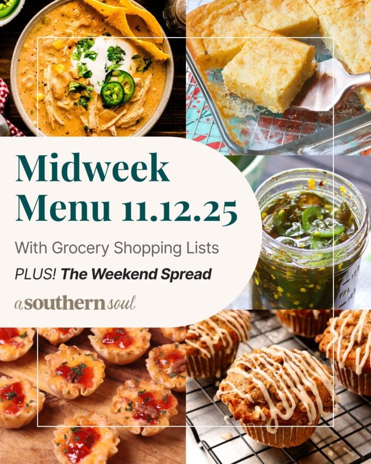 A grid of 5 midweek menu meal plan photos with a text overlay.