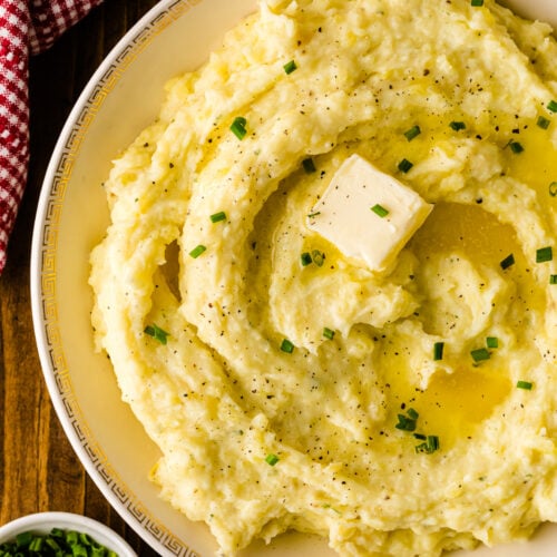 Creamy boursin cheese mashed potatoes in a serving bowl