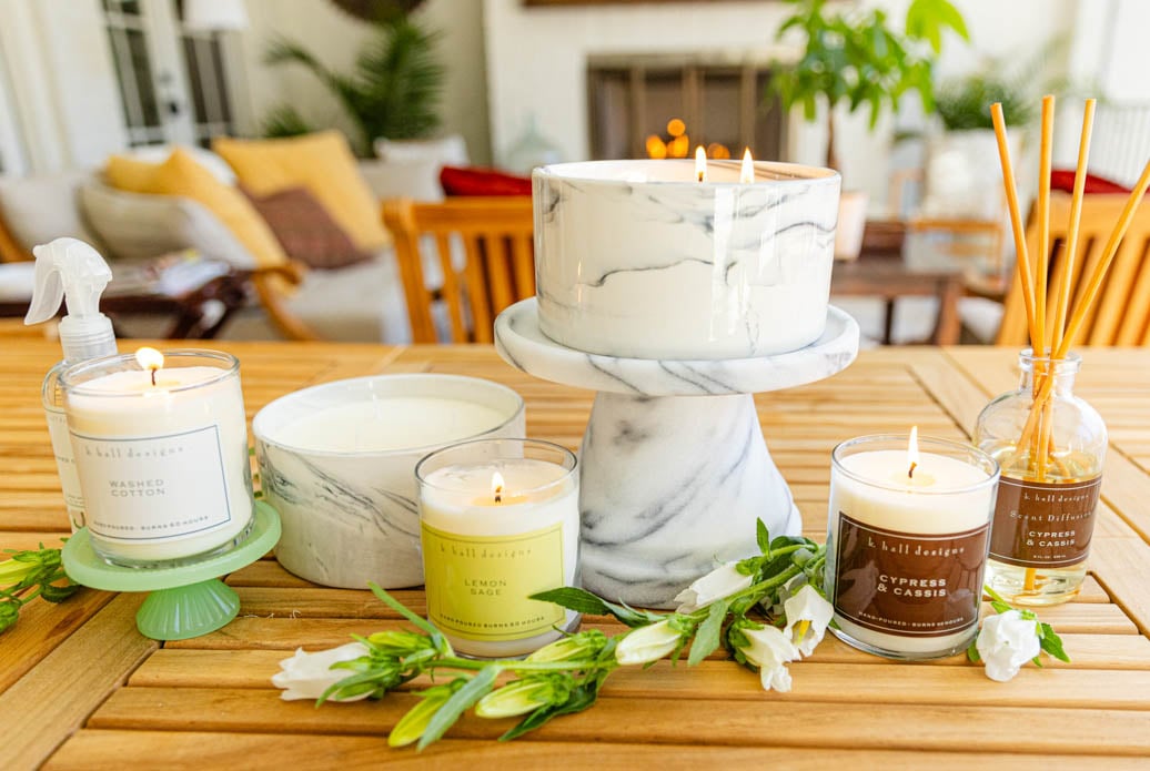 Collection of candles and scents on table