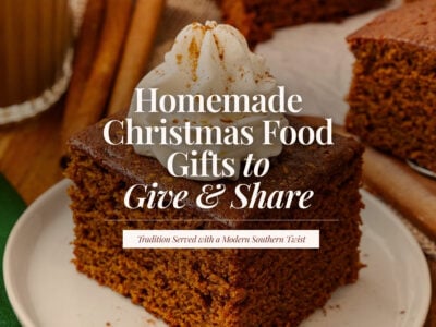 Slice of gingerbread cake topped with a swirl of whipped cream and a dusting of cinnamon, with the title ‘Homemade Christmas Food Gifts to Give & Share.’